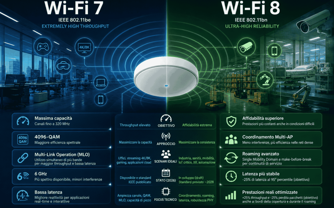 Wi-Fi 7 e Wi-Fi 8: differenze tecniche, limiti reali e impatti sulle reti professionali