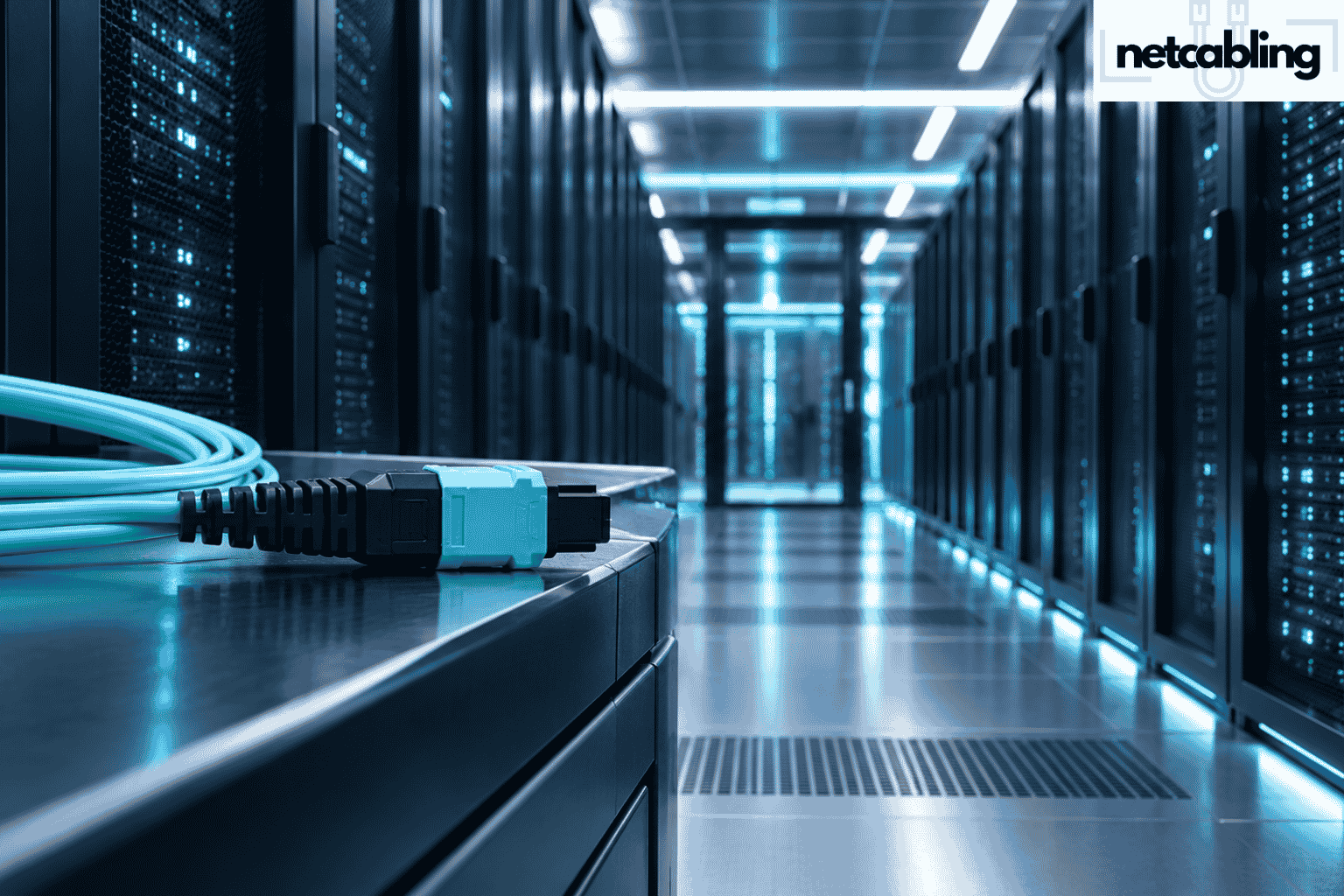 Cavo in fibra ottica in primo piano e armadi rack di un Data Center, immagine illustrativa dedicata alle connessioni MPO.